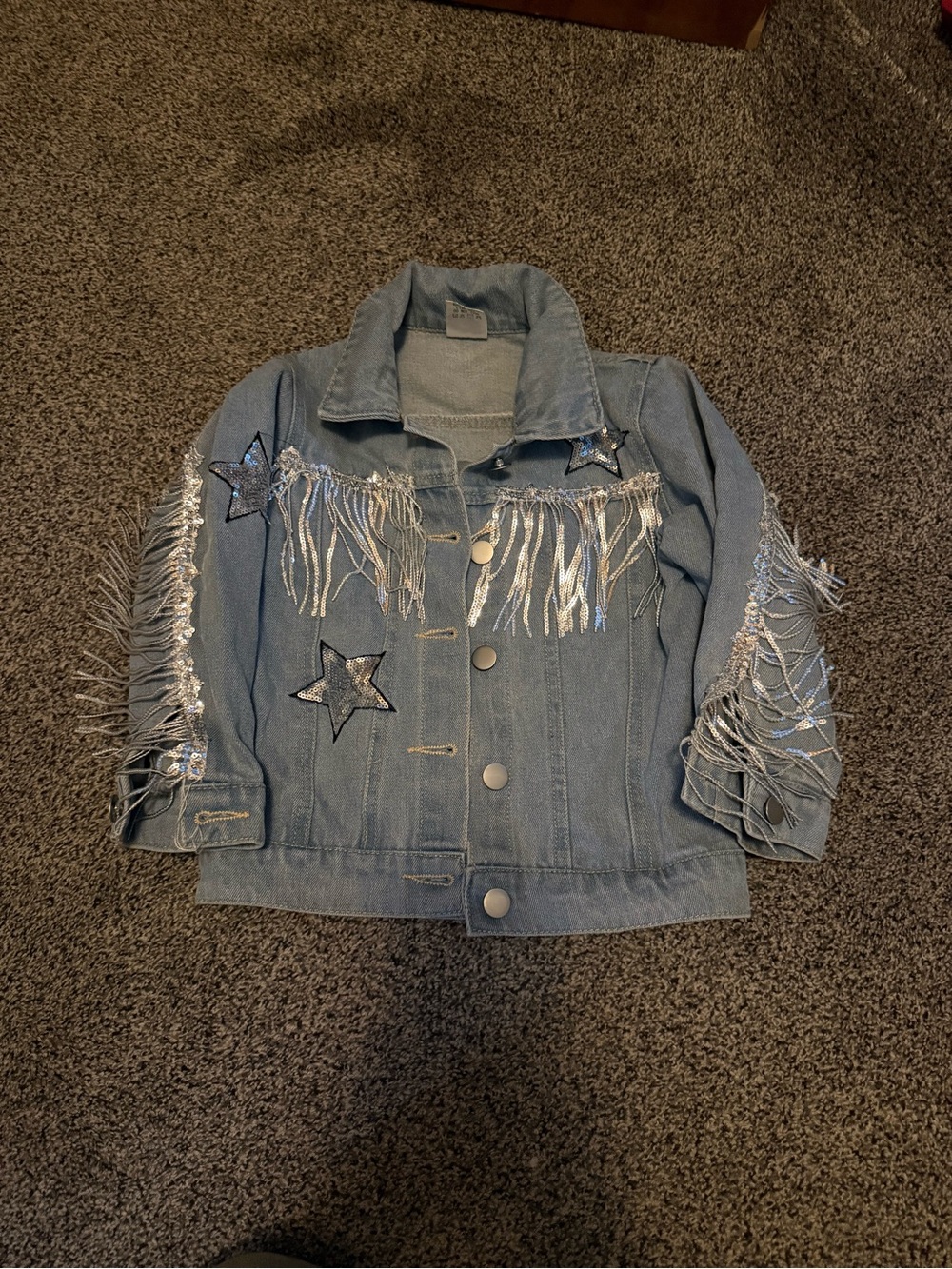 Girls' Light Blue Denim Jacket with Silver Fringe & Star Appliqués